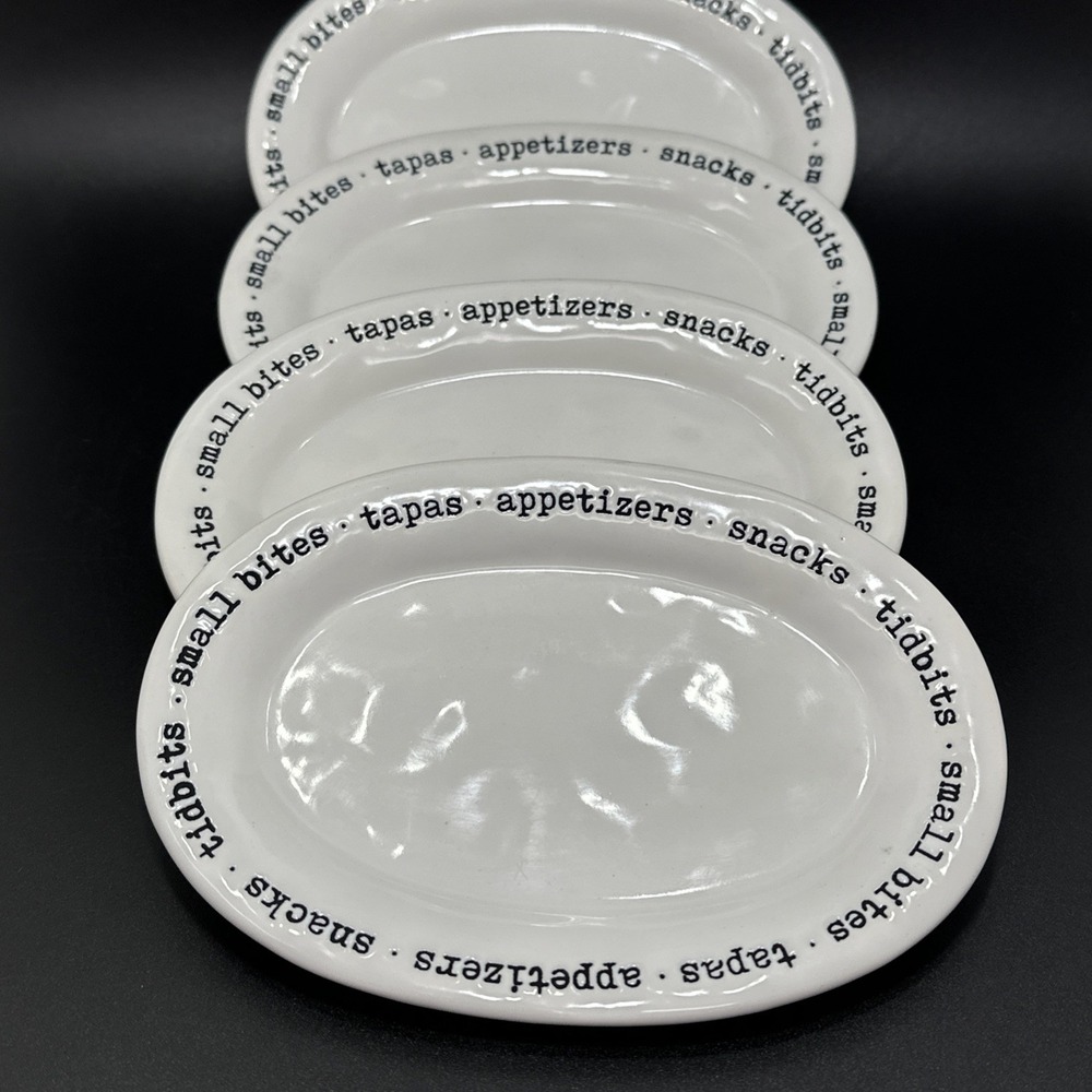 Mud Pie Mini Appetizer Snack Tidbit Oval Plates Set of 4 White Glossy Ceramic